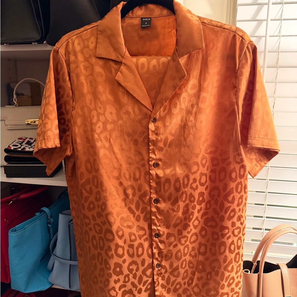 Men's Leopard Orange Short Sleeve Shirt & Shorts Set